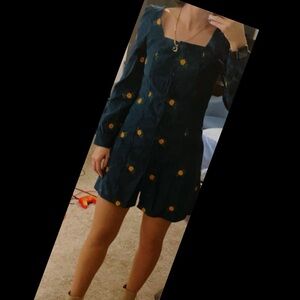 Floral Embroidered Blue Corduroy Dress